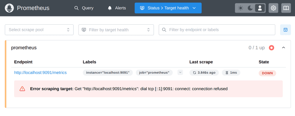 Prometheus targets page with error