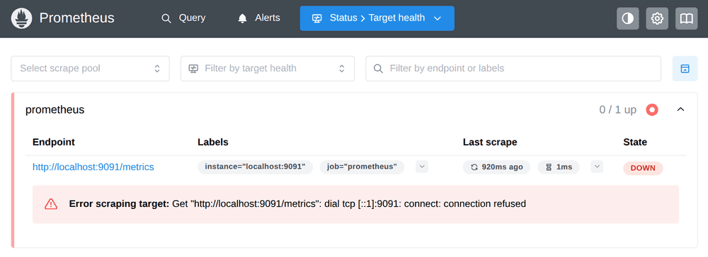 Prometheus targets page with error