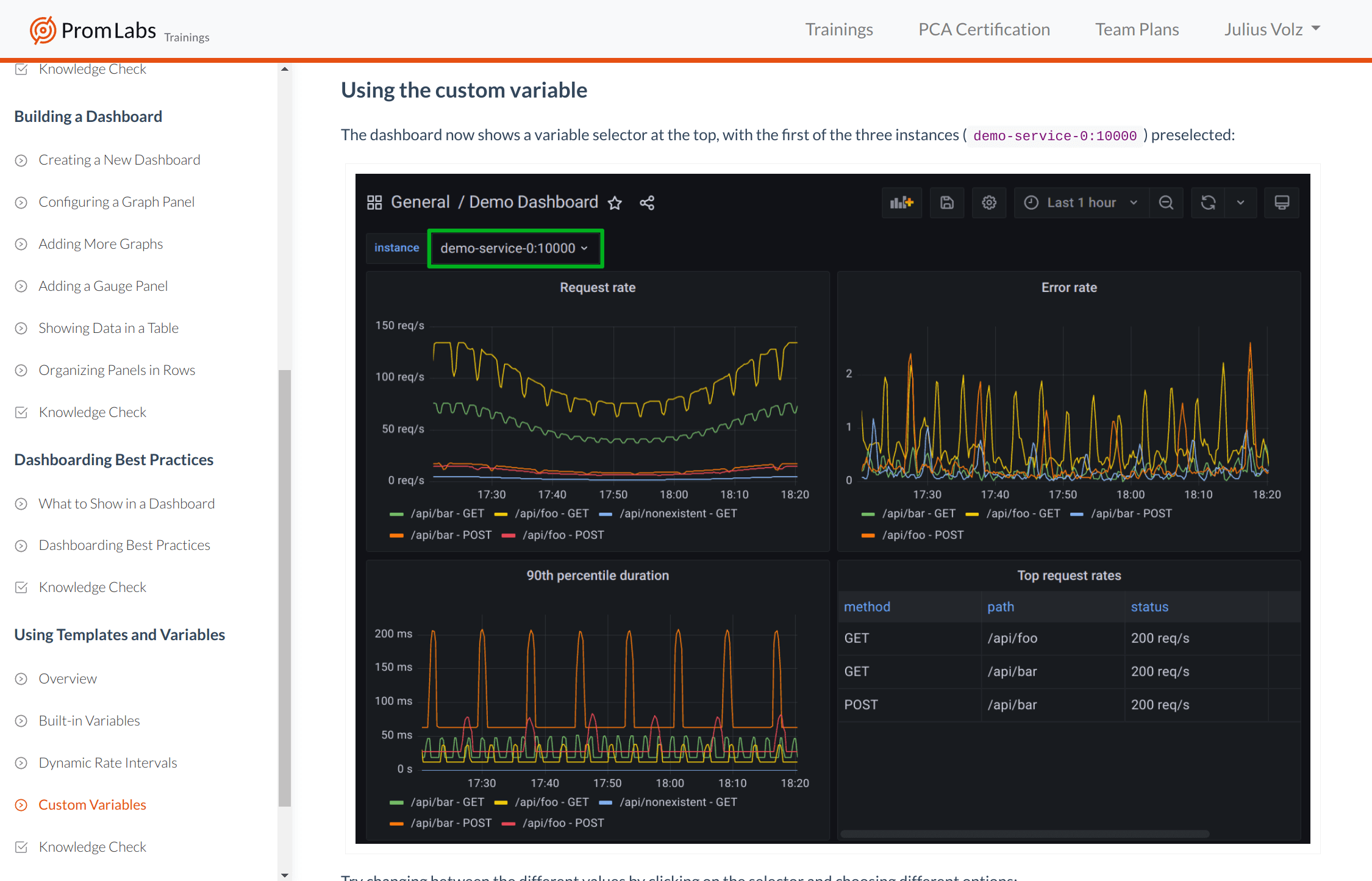 Training screenshot showing Grafana dashboard